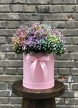 Цветочная композиция из Гипсофила и Розы в шляпной коробке в Знаменском Омской области