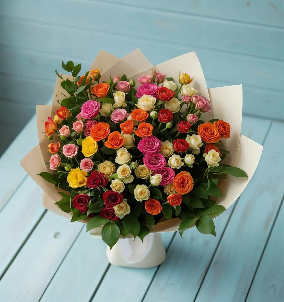 Букет Микс из разноцветных кустовых роз в Знаменском Омской области