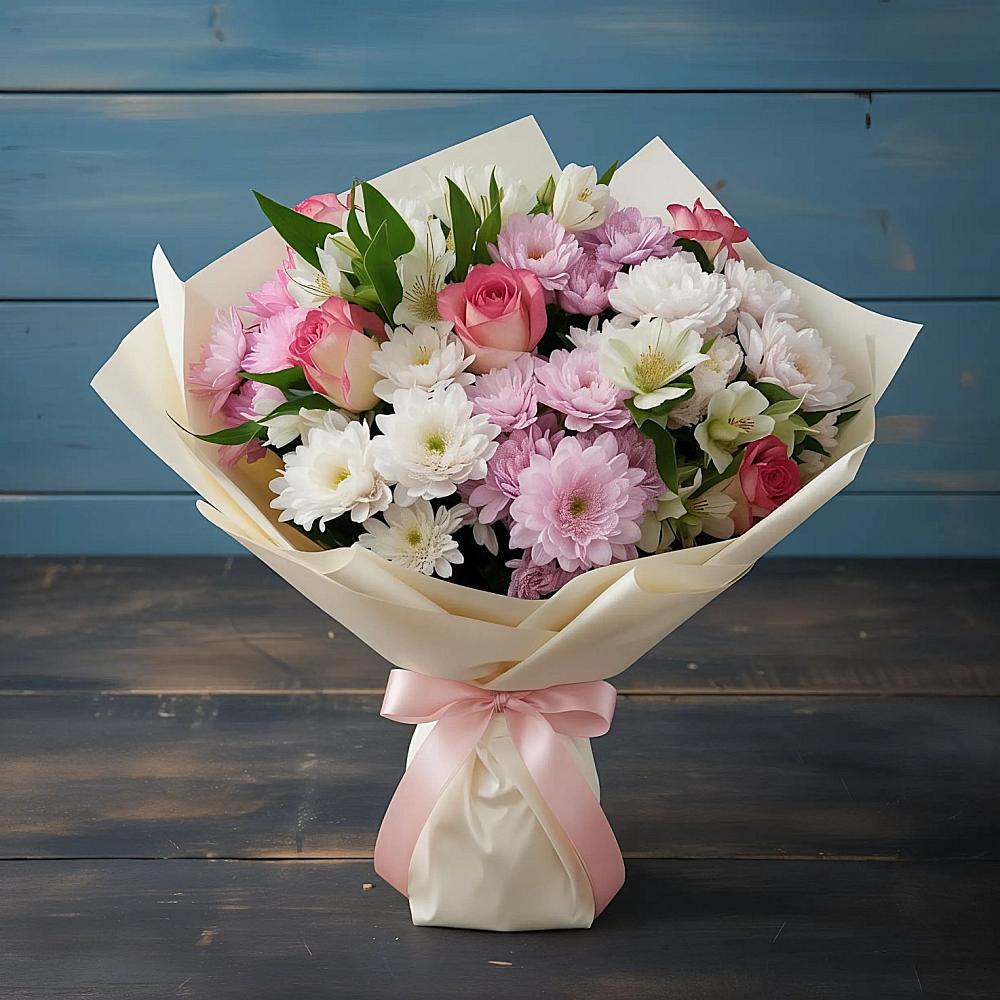 Букет цветов из: Хризантемы, Альстромерии и Розы в Знаменском Омской области